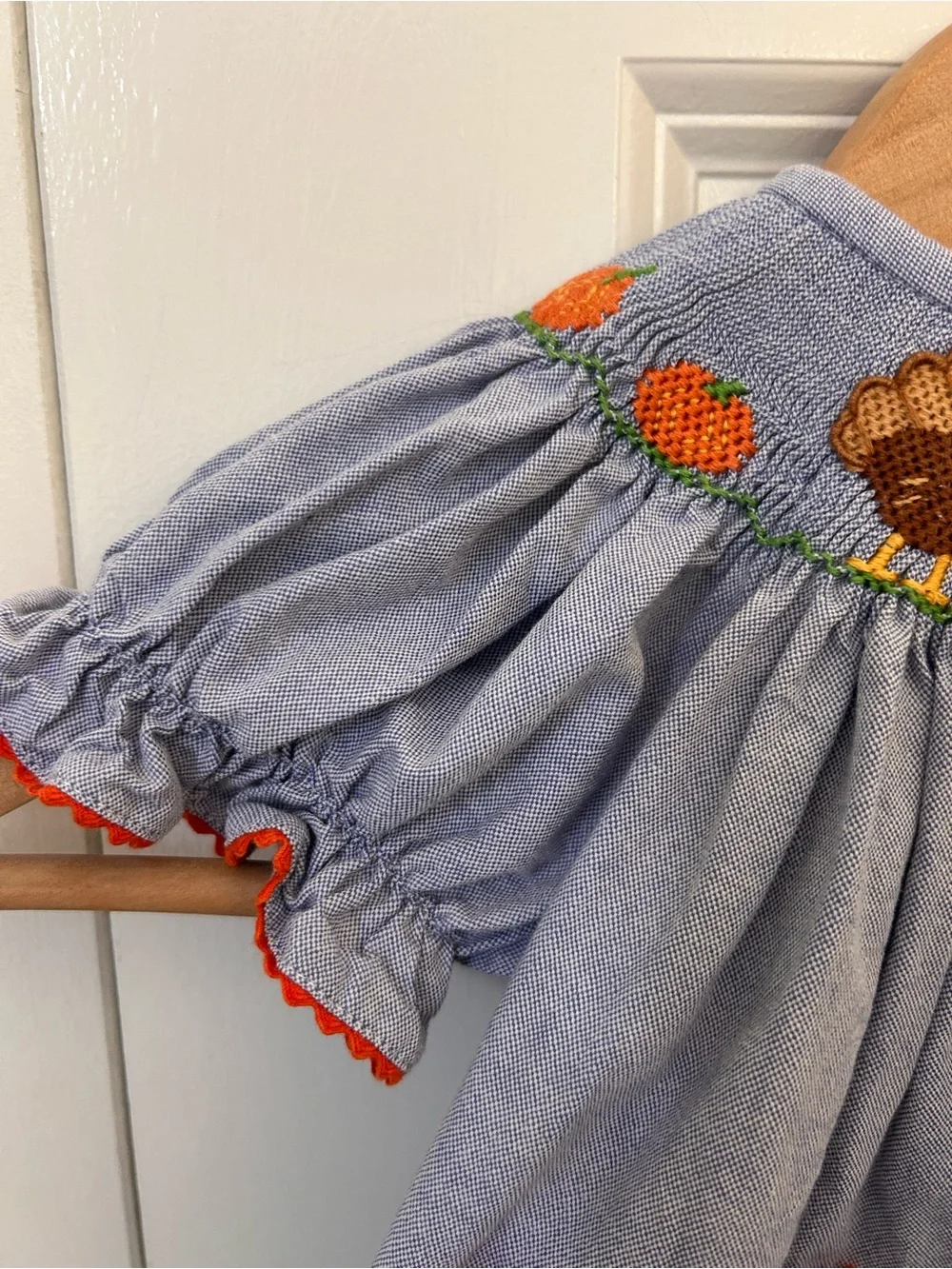 Vive La Fete 6 months blue chambray smocked turkey dress thanksgiving pumpkins